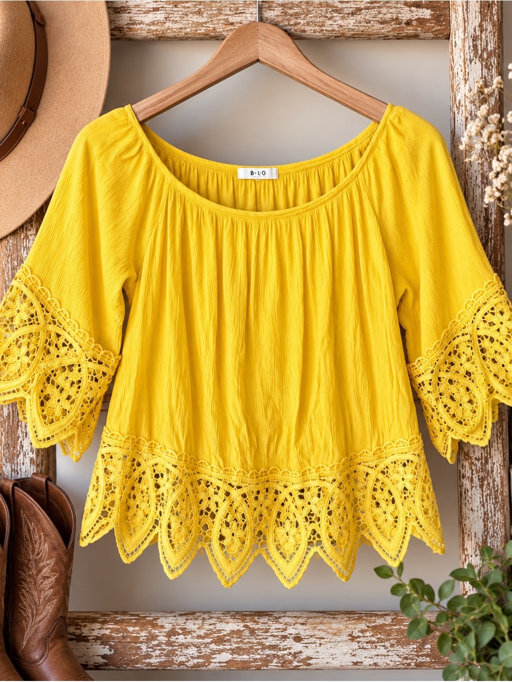 Papaya Mustard Yellow Crochet Lace Peasant Blouse Boho Western Top S